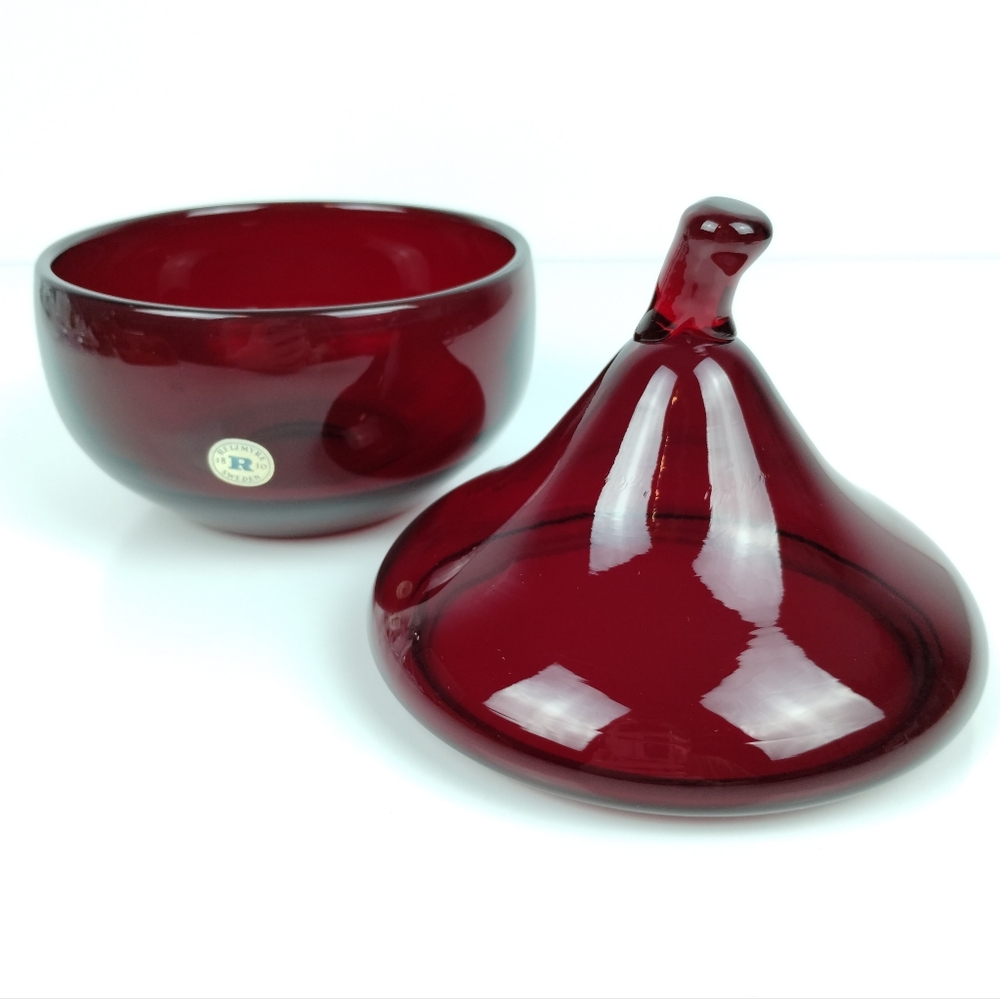 Reijmyre Sweden Art Glass Lidded Candy Dish Bowl Ruby Amethyst Glass Vintage